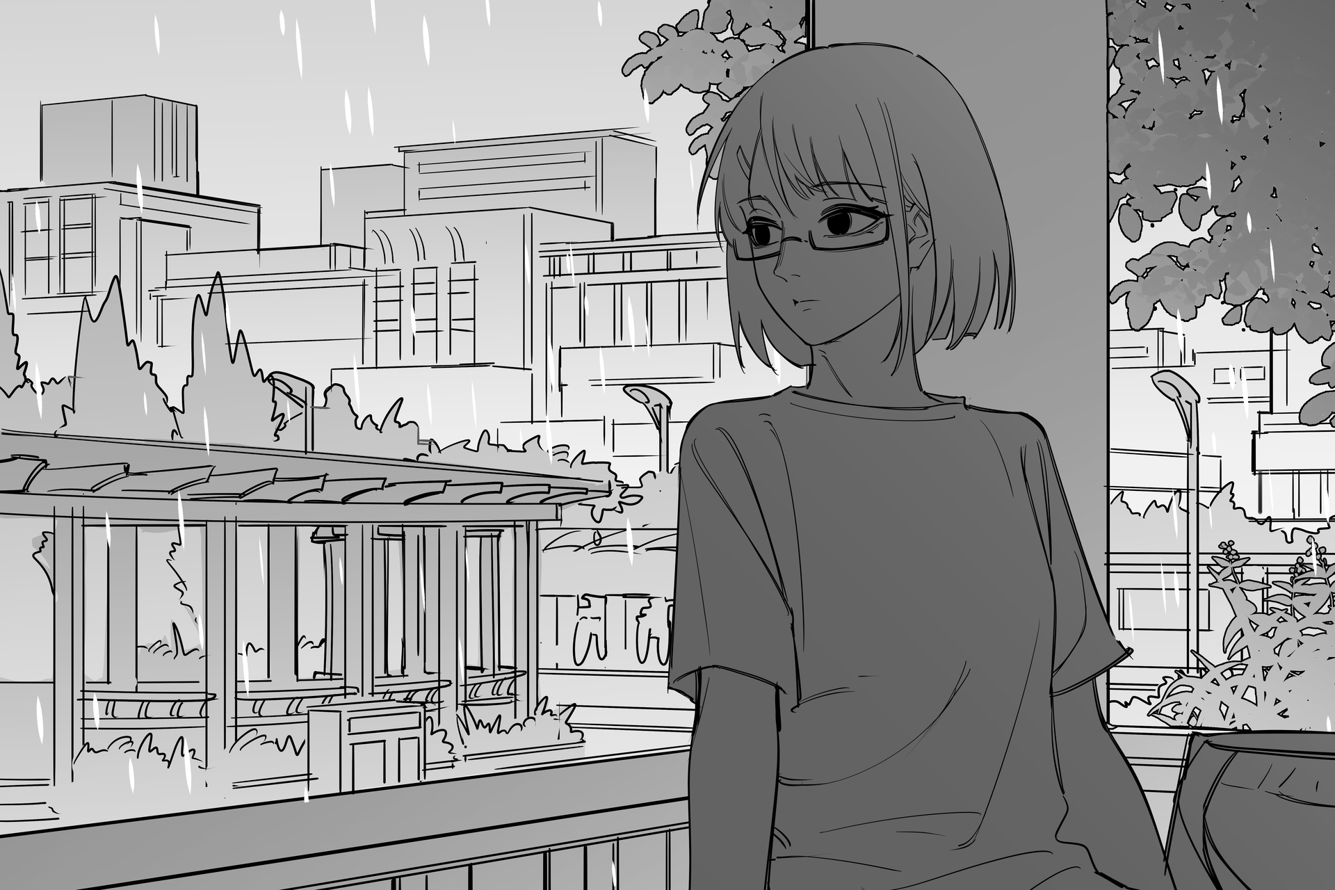 小雨站在阳台旁的剧情草图
